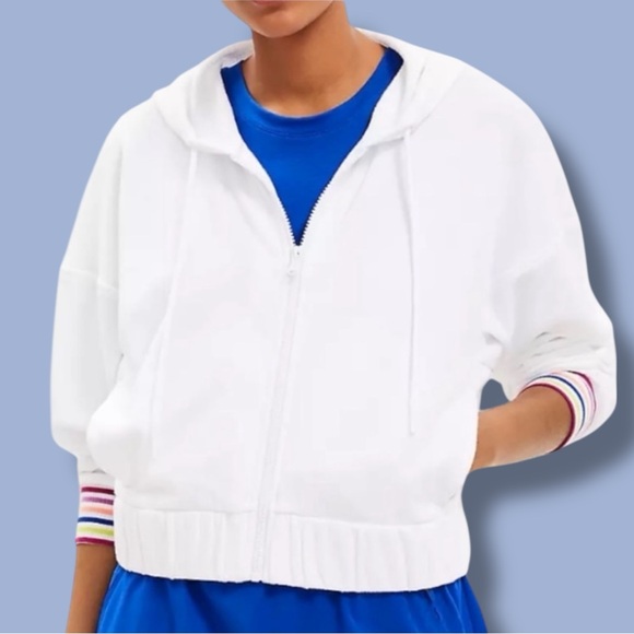 Lou & Grey “Cozy Cotton Zip Hoodie” White w Rainbow Cuffs Size Small - Picture 1 of 11